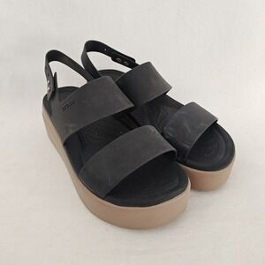 Crocs Brooklyn Low Wedge Sandal Strappy Comfort Platform Black‎ Tan Shoes